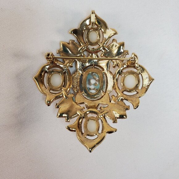 Vintage Sarah Coventry Brooch Pendant Gold With Faux Pearl & Turquoise Stones - Picture 11 of 12